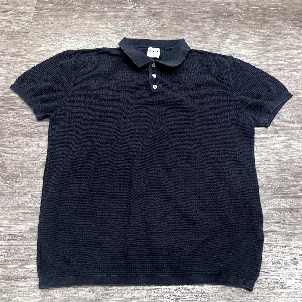Zara Polo Shirt Youth Large Black Short‎ Sleeve Boys Casual Preppy Thermal Knit
